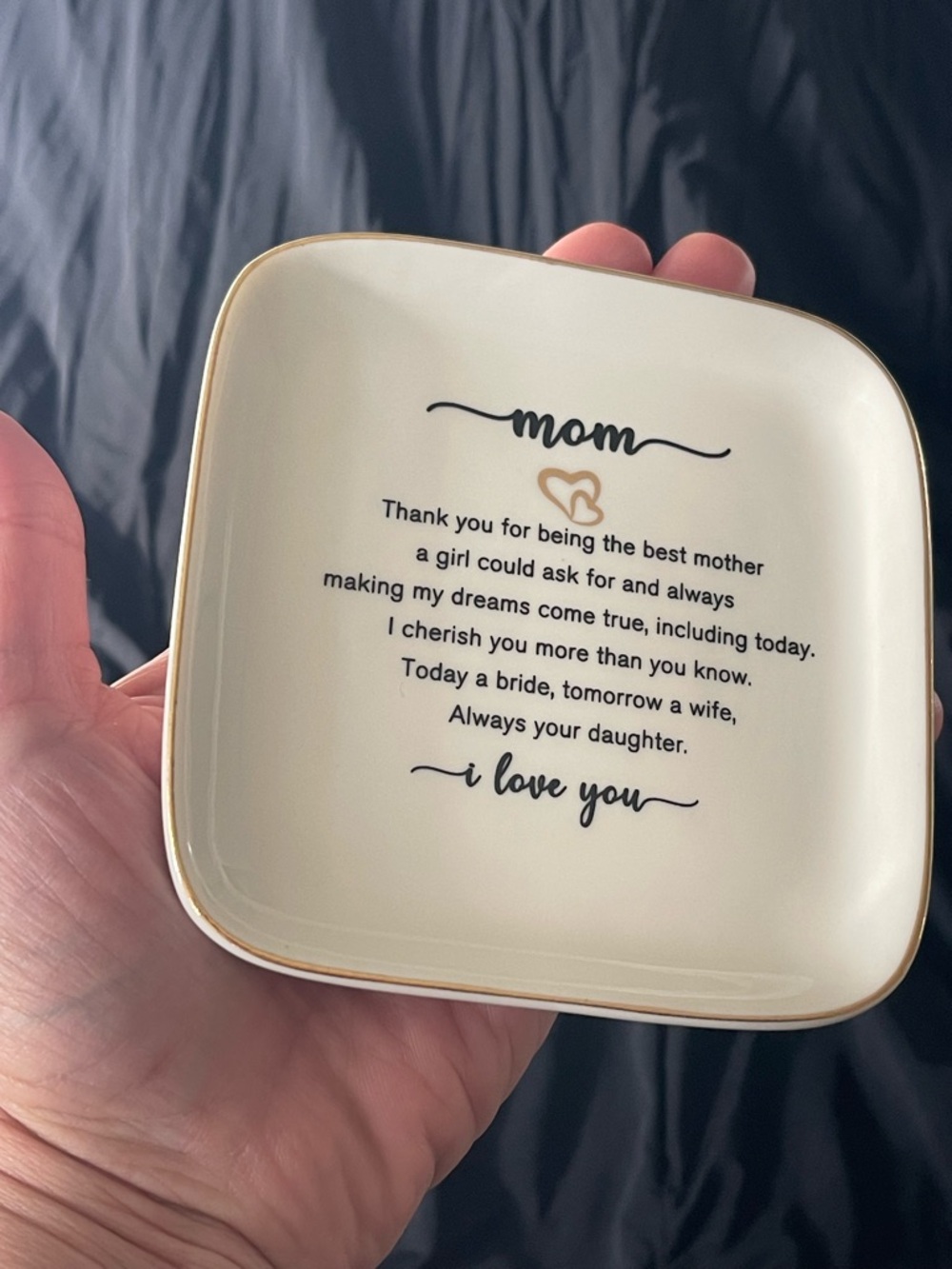 Mom Message Ceramic Trinket Dish in Cream with Gold Trim